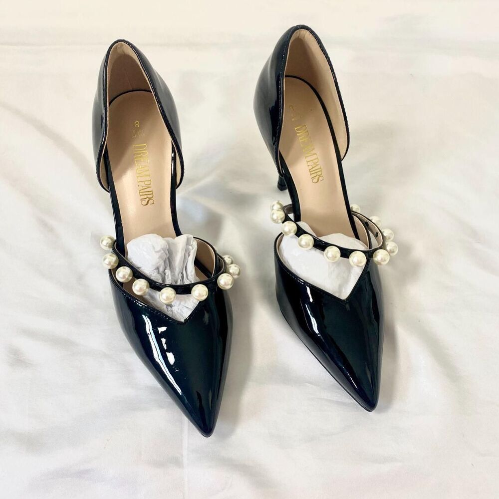NEW DREAM PAIRS Black Faux Patent Pointed Toe Pearl High Heels Stiletto US 8 - Picture 3 of 7